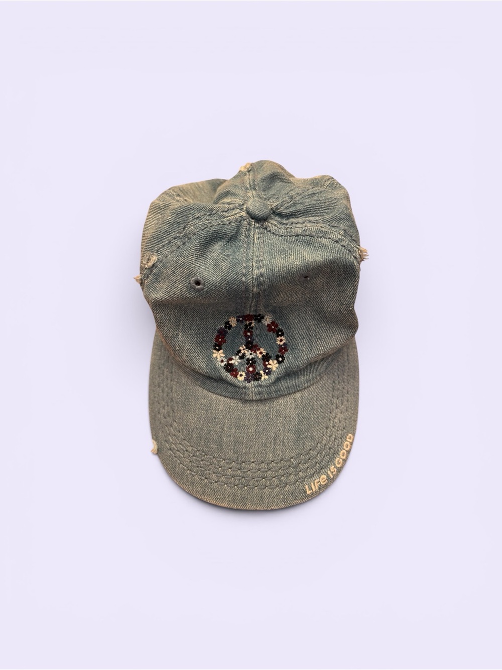 Life is Good! Distressed Denim Cap with Peace Sign